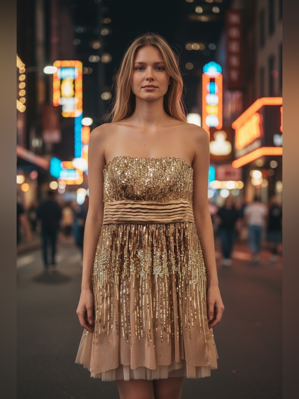 28. SILK BCBGMaxAzria Strapless Gold Sequin Dress